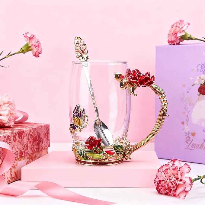 Handicraft Crystal Glass 3D Flower Cups Tea Mug With Tea Spoon Women Coffee, Tea, Juice, Beer, Milk Hot And Cold Drinks Use Gift Package. (Red Rose-Tal)