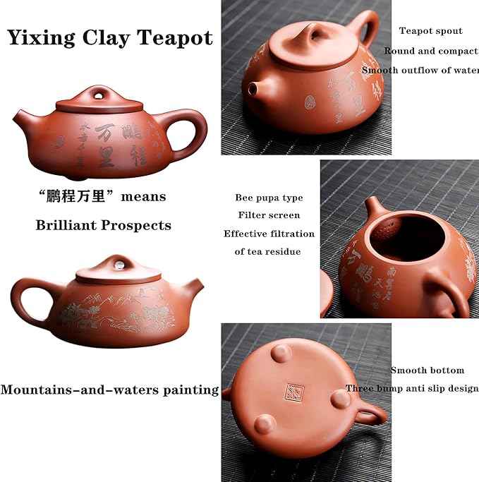 Zisha Teapot Teacup Set, 6 oz Chinese Yixing Purple Clay Tea Pot with 4 Clay Tea Cups, Hand-carved Chinese Characters Kung Fu Infuser Tea Kettle for Loose Leaf Portable Travel Tea Sets