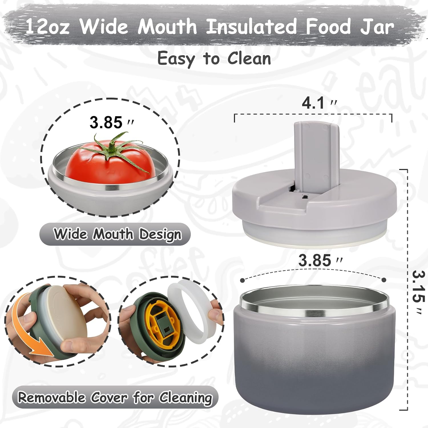 12oz Insulated Vacuum Food Jar with Buckle Lid Wide Mouth Soup Thermo for Hot Food Kids Leakproof Stainless Steel Lunch Container (Gradient Grey, 12OZ) - Blissbrew