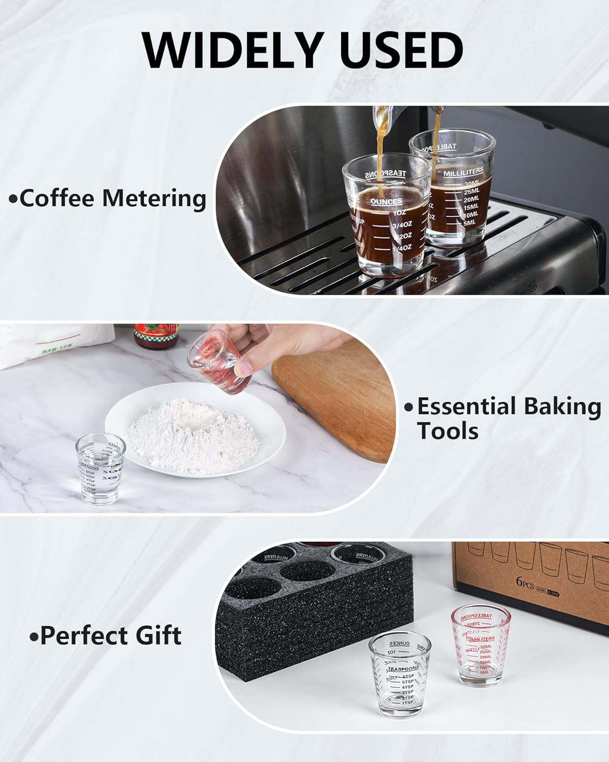 Shot Glasses Measuring Cup Set 6 Pack Espresso Shot Glasses Liquid Heavy Glass 26-Incremental Measurement 1 OZ, 2 TBS, 6 TSP, 30 ML Kitchen Tools(White)