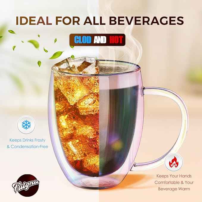 Double Wall Glass Coffee Mugs Set of 2, 12 Oz Coffee Mugs with Handle Clear Iridescent Glass Cups, Perfect for Espresso, Cappuccino, Latte, Americano, Tea Bag, Beverage