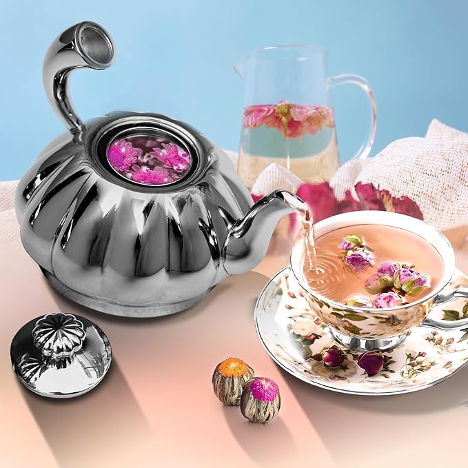 Stainless Steel Teapot with Removable Infuser - 12OZ Stovetop Safe Tea Maker Water Kettles for Loose Leaf, Small Pumpkin Tea Kettle for Coffee Tea Milk, Thickened Mirror Polished Ornaments