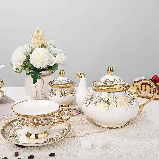fanquare 21 Pieces Porcelain Tea Set with Sugar Bowl Creamer, Cup and Saucers for 6, Royal Floral Tea Service with Gold Trim for Party Wedding Birthday Gifting