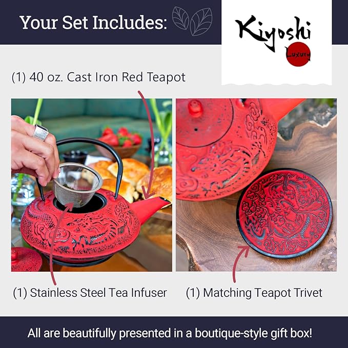 Large Cast Iron Tea Kettle Set - 40oz/1200ml Japanese Teapot with Infuser & Matching Trivet - Tetsubin Iron Tea Pot Japanese Style with Enamel Interior - Handcrafted Dragon Teapot Humidifier - Red