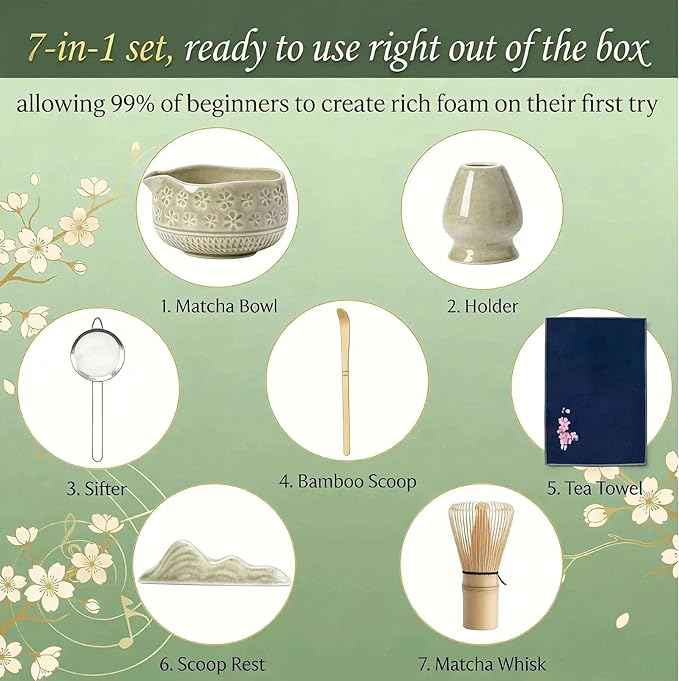Matcha Whisk Set for Beginner: Japanese Tea Ceremony, 7-in-1 Starter Kit, Easy to Use Guide, 60s Dense Foam, 100% Natural Handmade Bamboo, Lead-Free Ceramic Bowl, Food Safety Certified, Gifts.