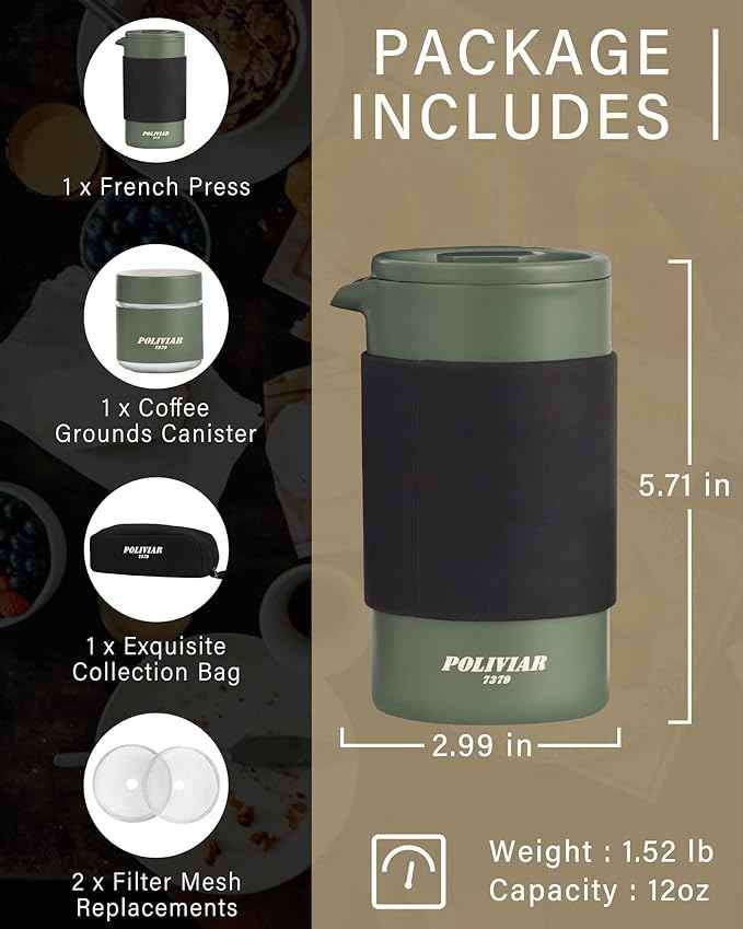 POLIVIAR French Press Coffee Maker, 12 oz Portable French Press with Mini Canister and Collection Bag, Double Wall Insulation & Dual- Filter Screen, Food Grade Stainless Steel for Coffee