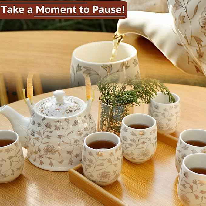 La Belle Vie Japanese Tea Set, White Porcelain Tea Set as Gift, 1 Pot (32.1oz), 6 Cups (6.1oz), 1 Stainless Steel Tea Infuser, 1 Bamboo Tray, Pretty Gift for Birthday, Festivals, Events