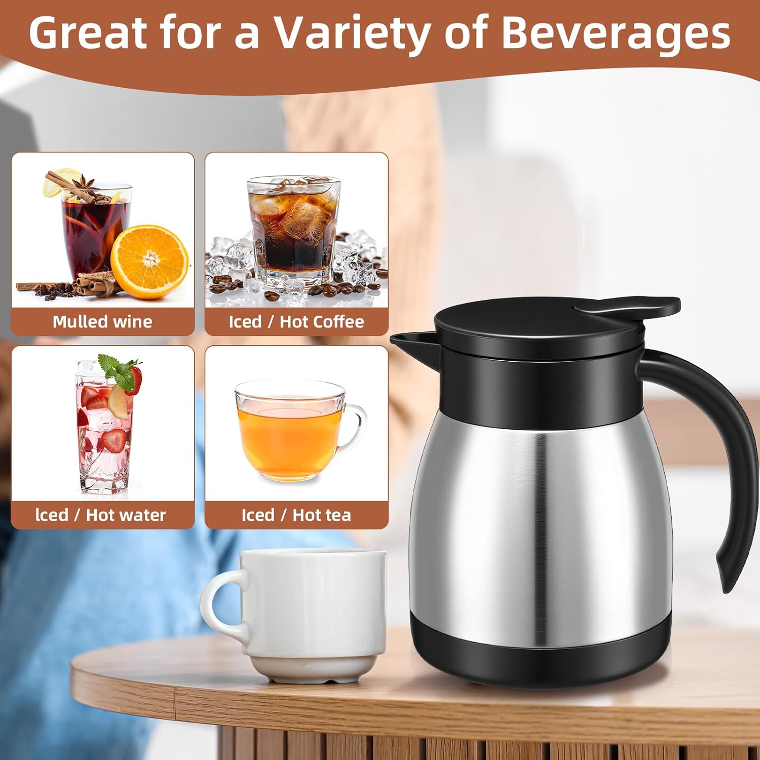 Norme 2 Pcs Thermal Coffee Carafe Insulated Stainless Steel Coffee Carafe for Hot Liquid Vacuum Thermal Pot Creamer Pitcher Dispenser with Brushes Keeping Hot Water Milk(Silver,17 oz)