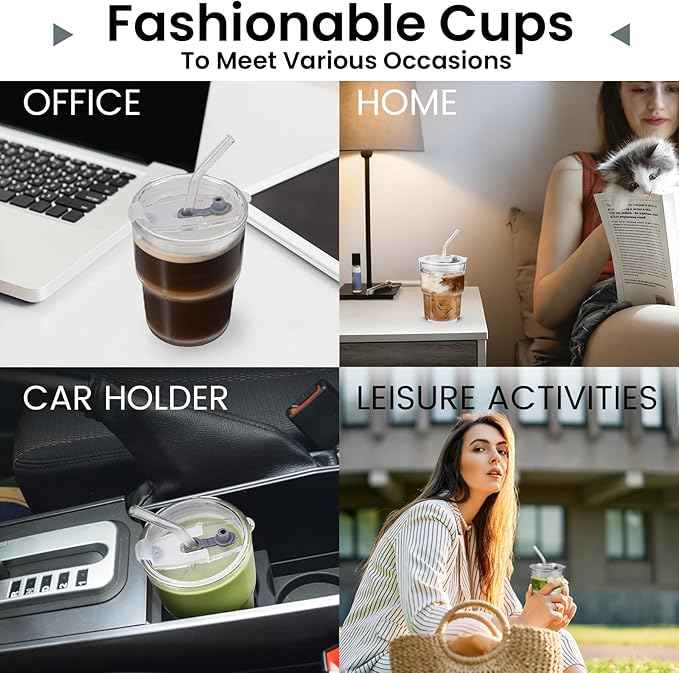 Glass Cups With Lids And Straws, Matcha Cup, Iced Coffee Cup,13Oz/400ml Iced Coffee Glasses Tumbler, Thick Wall Glass Mug For Tea Water, Cute Chirstmas Gifts (Clear,1PCS)