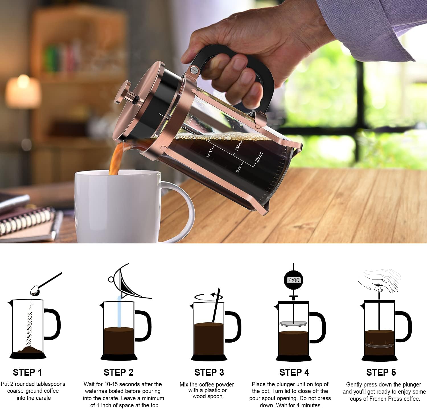 QUQIYSO Coffee Maker 304 Stainless Steel French Press with 4 Filter, Heat Resistant Durable, Easy to Clean, Borosilicate Glass Coffee Press, 100% BPA Free Teapot, 21 ounce, copper - Blissbrew