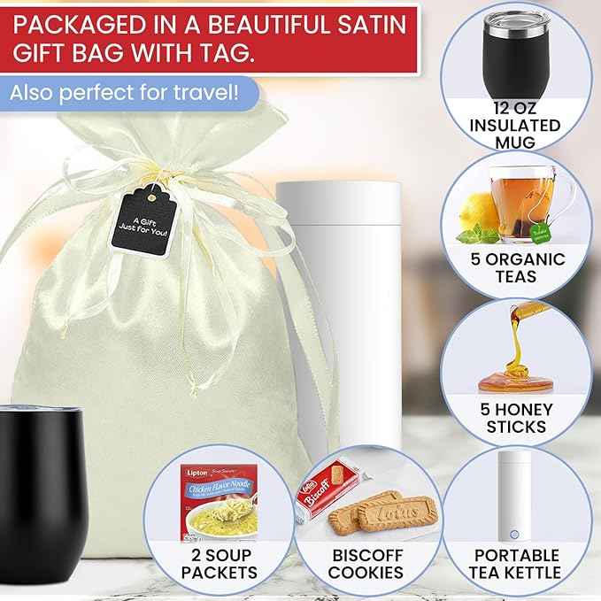 Get Well Soon Gift Basket for Men and Women: Organic Tea, Portable Kettle, Soup, Honey Sticks, Cookies & Insulated Mug Care Package | Post Surgery | Feel Better