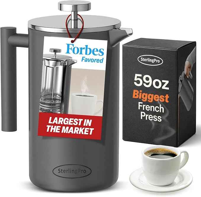 Stainless Steel French Press Coffee Maker 1.75 L (59 oz) Grey – Double Walled Insulated Extra Large French Press, Durable Design Keeps Drinks Hot, Easy to Use and Clean for Rich Flavor