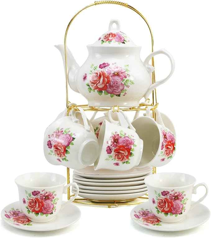 20-Pieces Tea Set For Adult with Golden Metal Rack,Porcelain Tea Sets For Women,Tea Gift Sets for Home&Party(015) (K019)