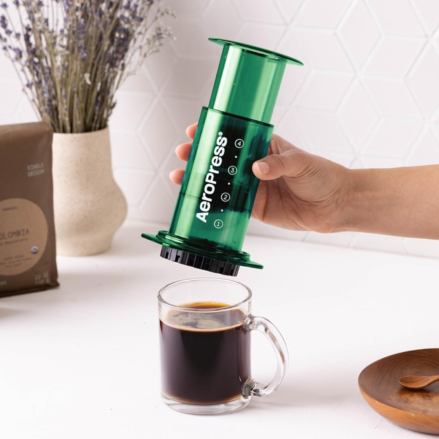 AeroPress Clear Green Coffee Press – 3 In 1 Brew Method Combines French Press, Espresso-style, Full Bodied Coffee Without Grit or Bitterness, Small Portable Coffee Maker for Camping & Travel, Green - Blissbrew