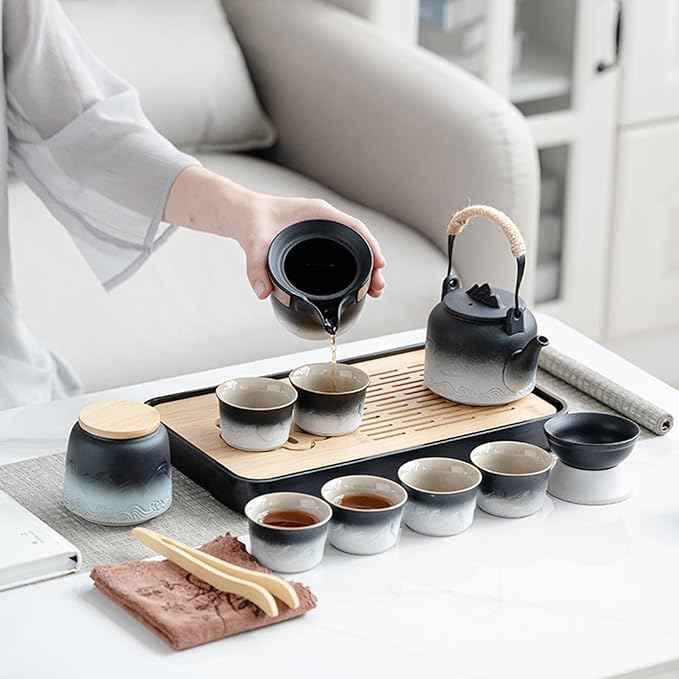 LURRIER Gongfu tea sets, Portable Ceramic TeaSet, Asian Tea sets for adult, Tea Gift sets, Grey leather case, Portable Travel Bag,Home,Gifting,Outdoor and Office(Black and White)