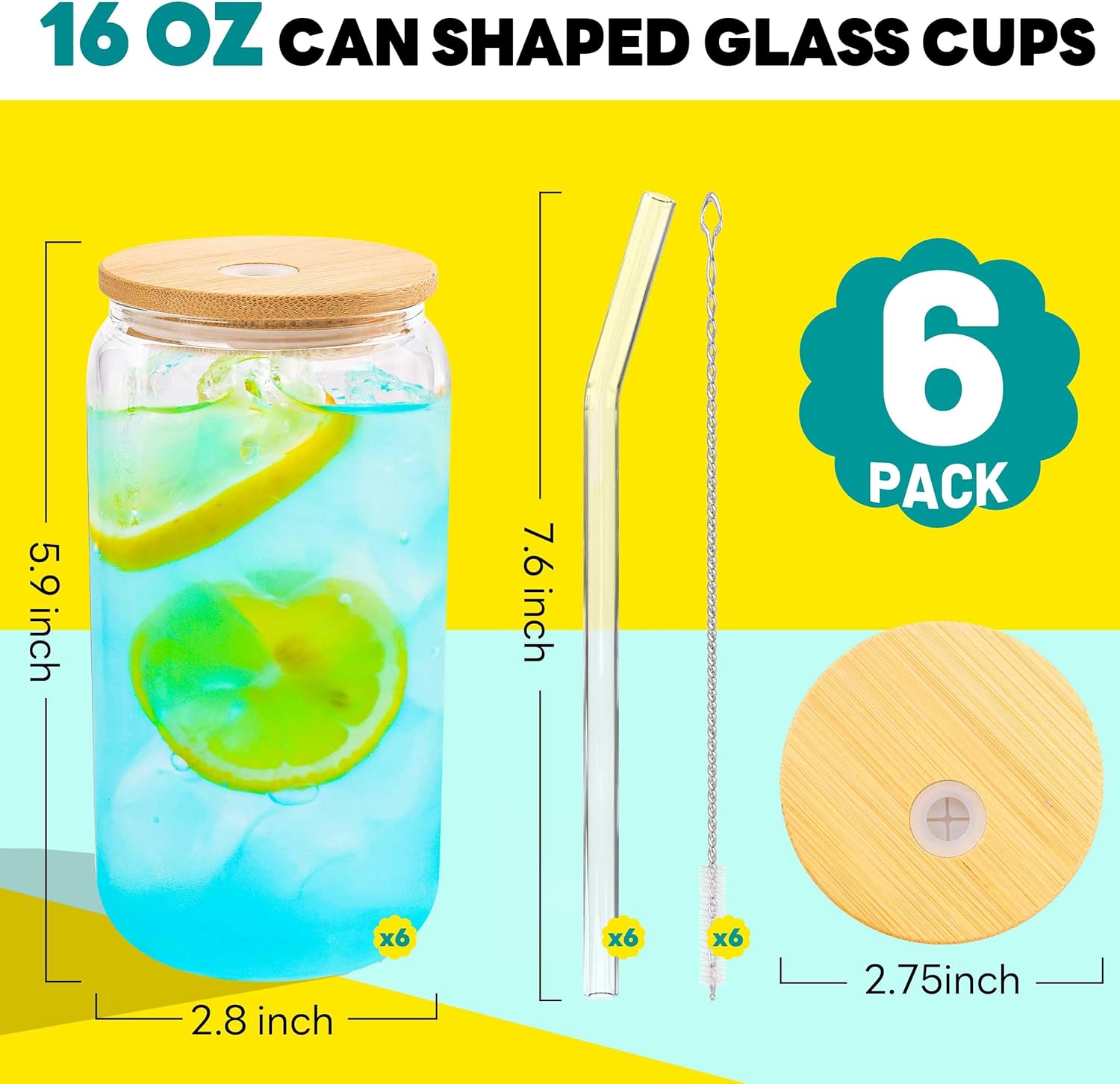 Joyclub Glass Cups with Bamboo Lids and Straws 6 Set 16 oz Reusable Iced Coffee Cup Beer Can Drinking Jars for Smoothie Whiskey Boba Soda Tea Gift