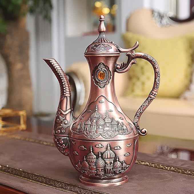 Vintage Turkish Coffee Pot Set for 6 Including Tray and Teapot,Metal Cups,Teapot and Cup Set for One,Tea Service Set for Home Tea Table Decor,Wedding Ornaments(Copper)