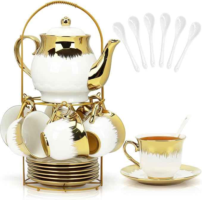 Porcelain Tea Set, Large Ceramic Tea Set for Adults with Metal Holder, 20 Pcs European Tea Cup Set, Luxury Adult Tea Sets Gift, Gold Trim Tea Cup Saucer Sets for Party Deco,1000ML (Gold Trim)