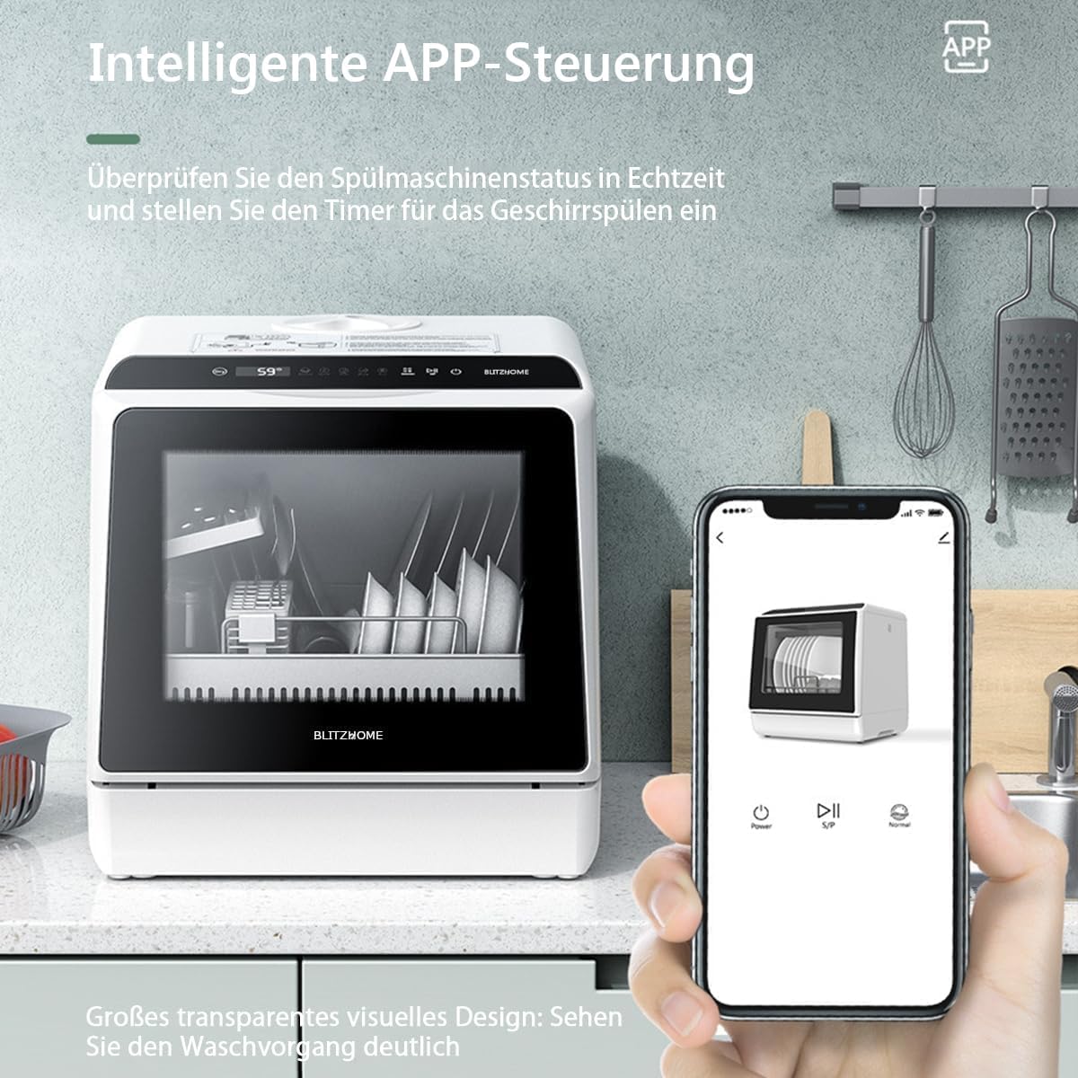 Portable Dishwasher Countertop, WIFI Smart Dishwasher, Compact Mini Dishwashers with 5L Built-in Water Tank, 6 Programs, 360° Dual Spray, High-Temp& Air-Dry Function, Fruit Cleaning - Blissbrew