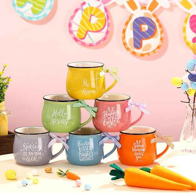 Sawysine Easter Mugs Set of 6, 12 oz Gift Drinking Mugs for Hot Cocoa Coffee Milk Tea Party Cups for Kids Spring Holiday Gift (Easter Style)