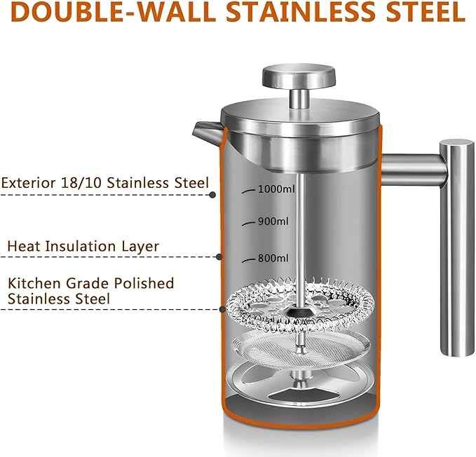 Large French Press Coffee Maker 50oz (1.5L), 304 Stainless Steel Double Wall Insulated Tea Press for Camping, Backpacking, Party, Travel, Gift Set, Dishwasher Safe (Silver, 6-8 Cups)