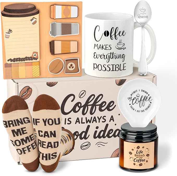 Ithmahco Coffee Lover Gifts for Women Men - Includes Mug Spoon Rest Holder Candle Socks Sticky Notes Set, Coffee Gift Basket for Birthday Galentines Valentines Day Christmas Thanksgiving Gift Ideas