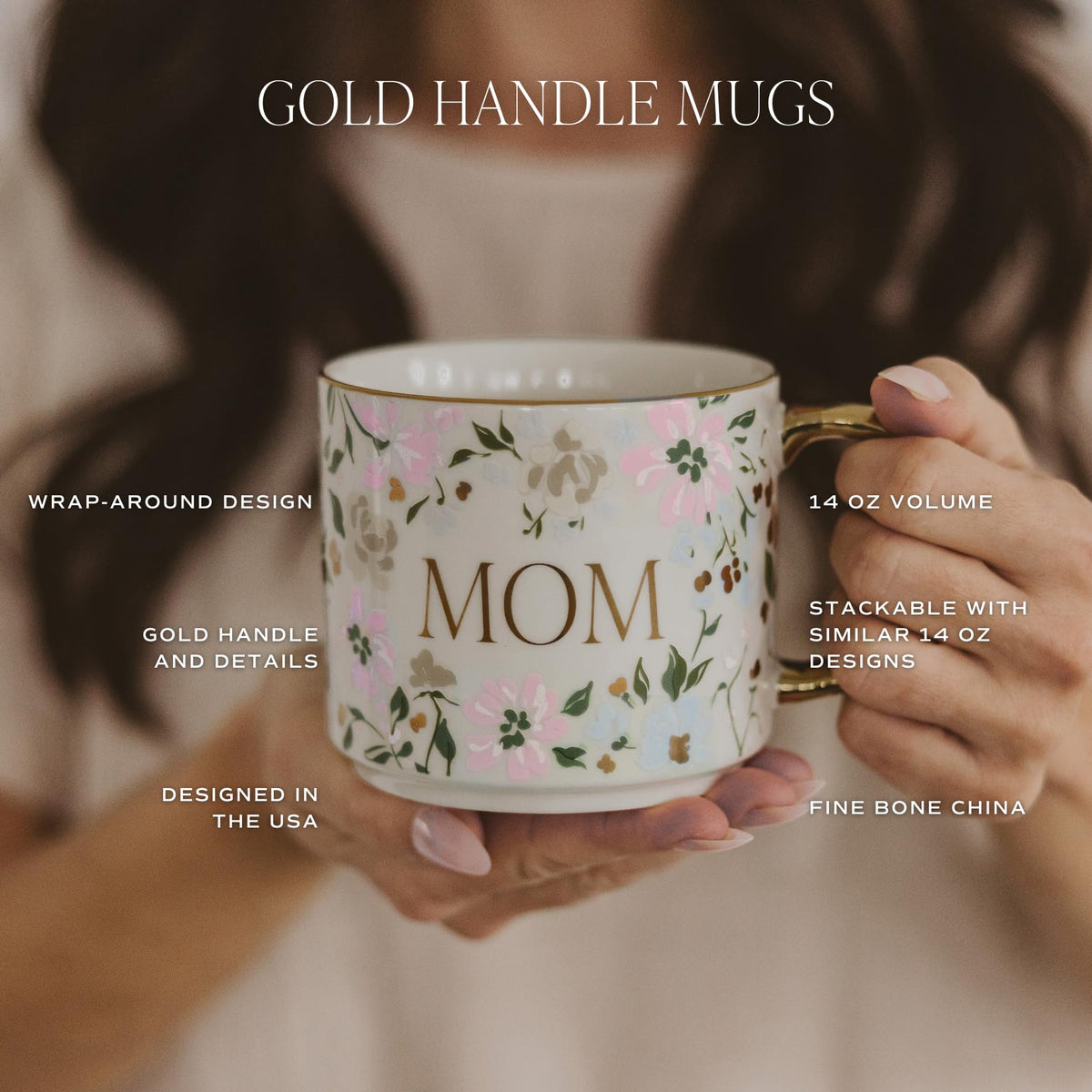 Side view of 14 oz floral tea mug with gold rim