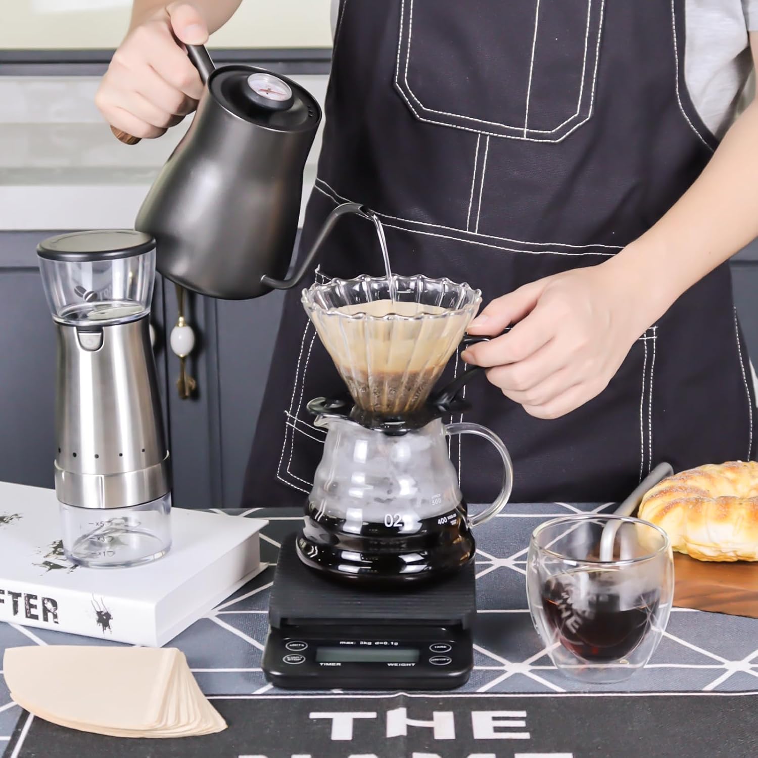 SOTECH Electric Coffee Maker Set with Electric Grinder Glass Dripper Server Steel Kettle Filter Paper Travel Bag for Outdoor Travel BBQ Picnic