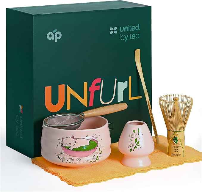 Matcha Gift Set 6 Pcs – Ceramic Bowl, Bamboo Whisk, Whisk Holder, Scoop, Sifter & Cloth – Traditional Japanese Set for Green Tea by Aprika Matcha (Pink with Cats)