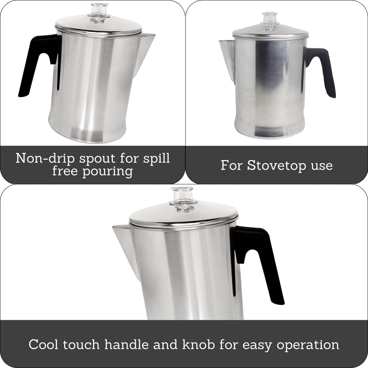 Aluminum percolator showing clear glass knob on the lid