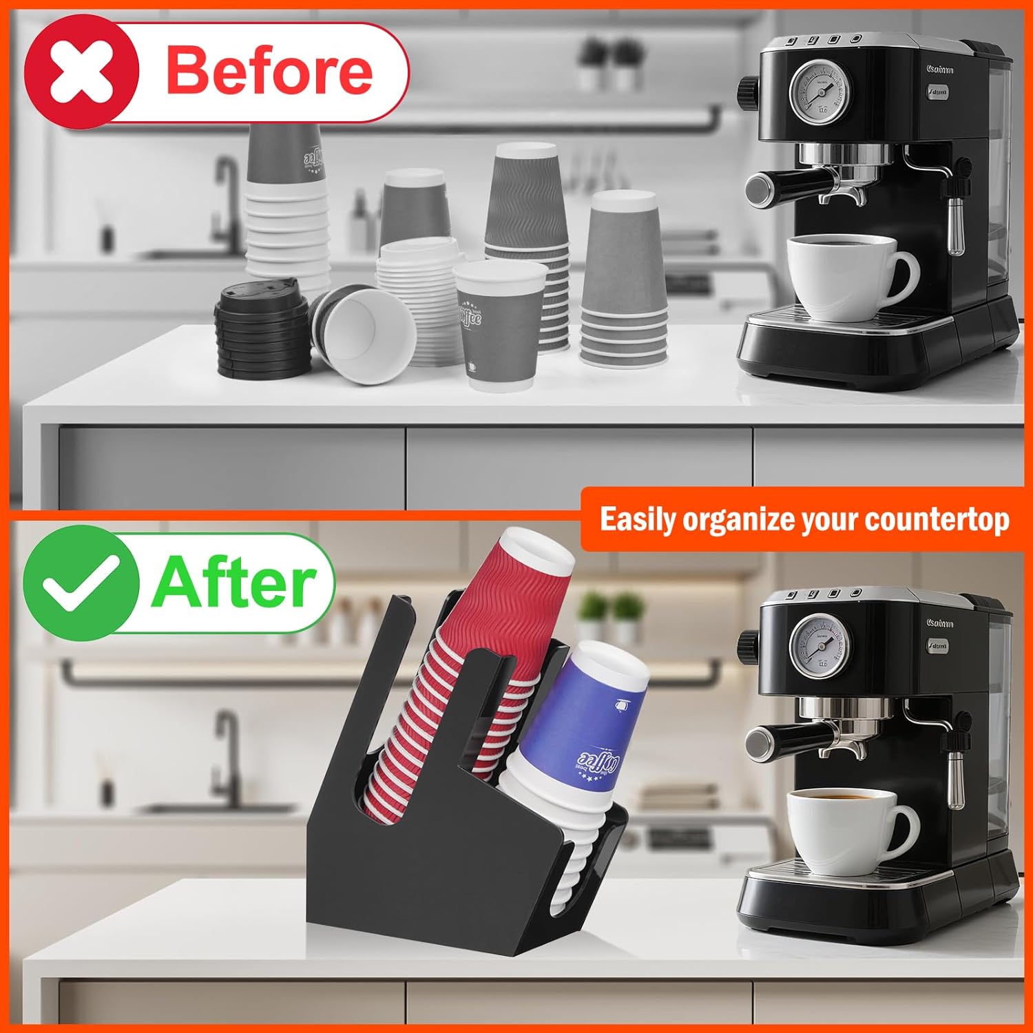 MYITYARD Coffee Station Organizer for Countertop, Acrylic Cup and Lid Dispenser Fit Disposable Paper and Plastic Cups, 2 Compartments Coffee Bar Accessories for Office Breakroom, Home, Kitchen