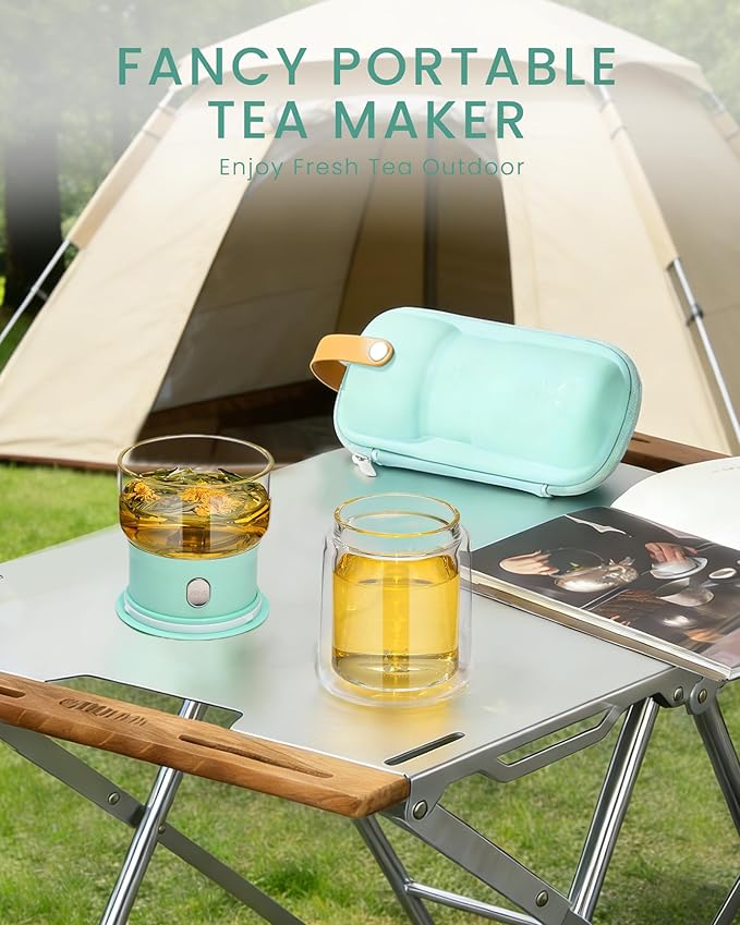 ZENS Modern Glass infuser Teapot, Small One Touch Tea Maker for Loose Tea Diffusers with 200ml Insulated Cup and Blue Portable Carry Case, Magic Gongfu Tea Pot for Tea Lovers Gifts