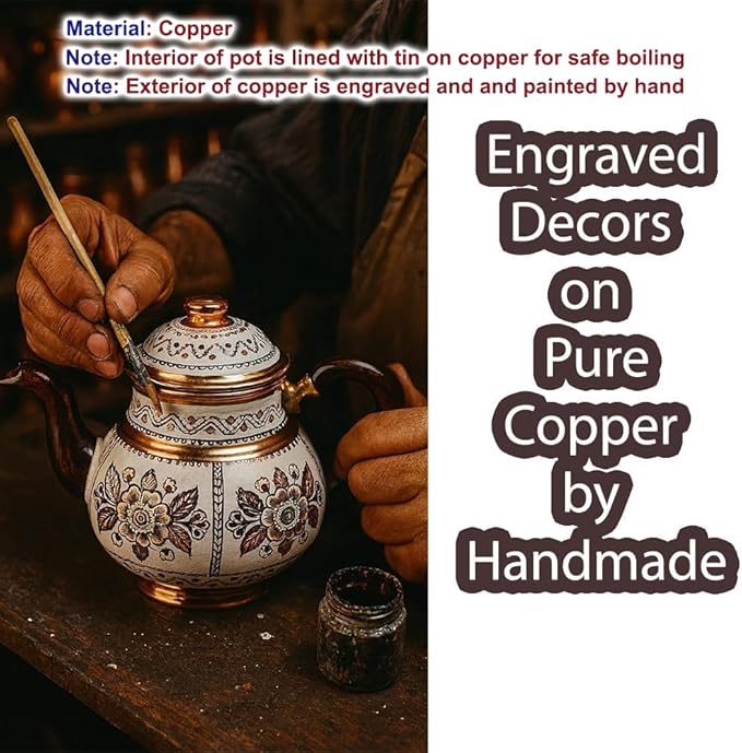 Handmade Copper Turkish Teapot Tea Kettle Pots Set for Stove Top Stovetop Decorative Infuser Vintage Antique Arabic Farmhouse Tray Cups Serving Party Moroccan Decor Style Persian Kitchen Fancy Gift