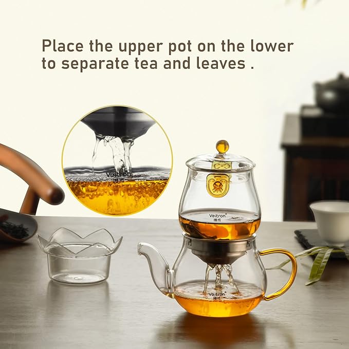 560ml (18.94 oz) Borosilicate Glass Teapot Set, 2-in-1 Gongfu Tea Brewer with Upper Brewing Pot and Lower Serving Kettle, Clear Teapot with Base for Blooming and Loose Leaf Tea