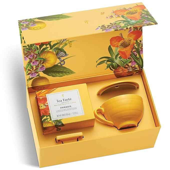 Tea Forte Paradis 3-Piece Premium Tea Gift Set with Mango Yellow Cafe Cup with Lid, Tea Tray and 10 Assorted 2 of Each Variety Organic Handcrafted Pyramid Infuser Tea Bags