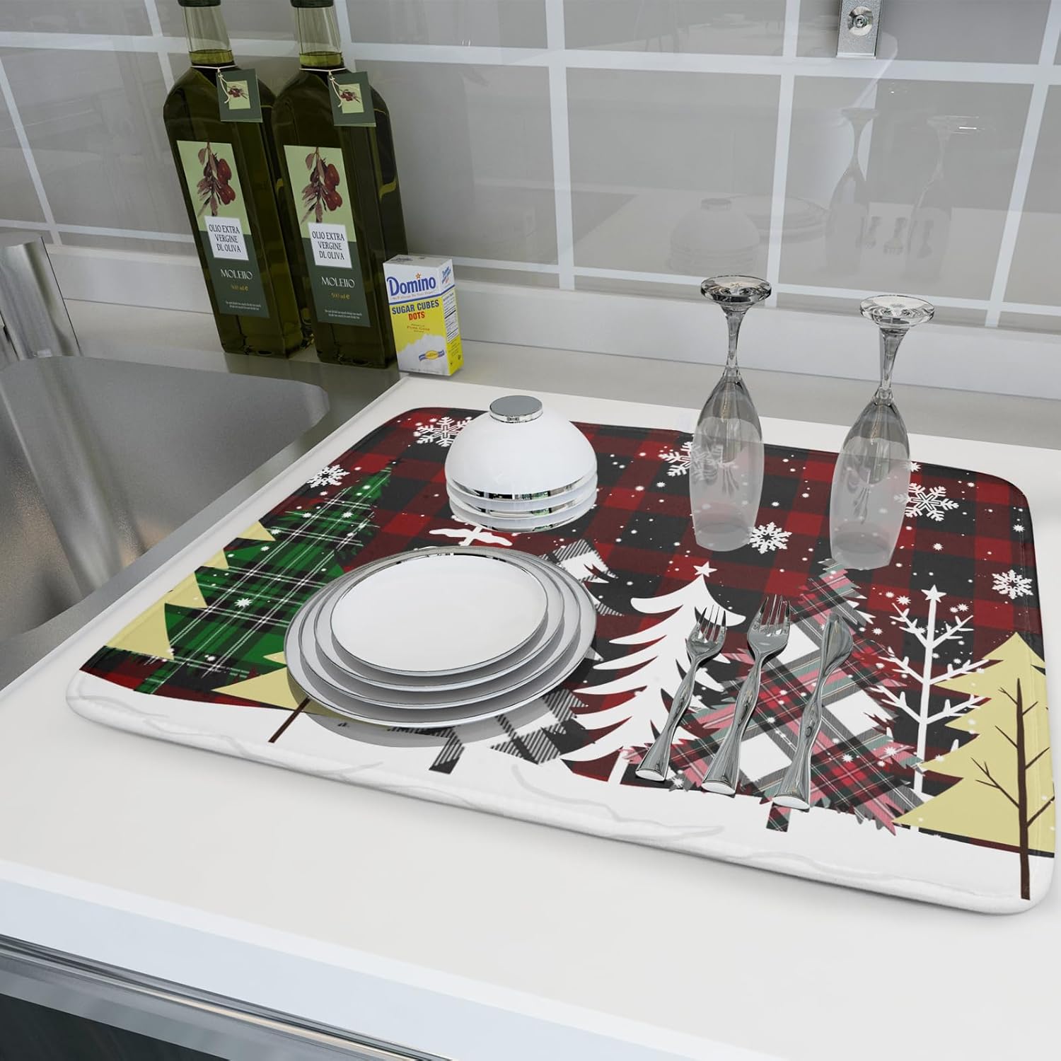 Merry Christmas Dish Drying Mat for Kitchen Counter 18x24 Inch Watercolor Buffalo Plaid Christmas Tree Microfiber Absorbent Dishes Pad Dish Drainer Mat Protector Kitchen Accessories for Countertop