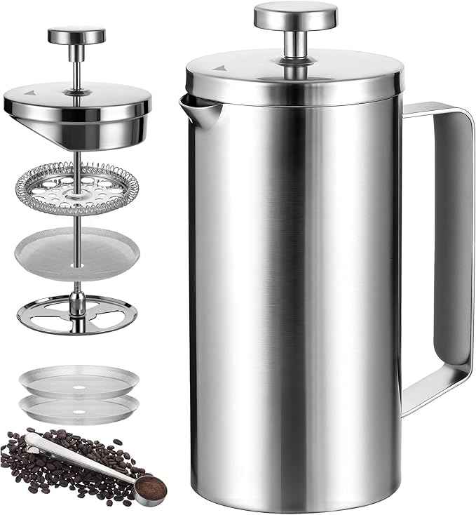 small French Press Coffee Maker 600ml, Double-Wall Insulated French Press Coffee Press Stainless Steel for travel camping, Silicone handle (2-4cup, 20 OZ) silver
