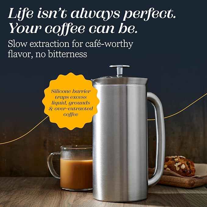 ESPRO P7 Brushed Stainless Steel French Press 304 – Patented Double Walled Micro-Filter Insulated French Press Coffee Maker, Grit-Free Brew - Heat Resistant BPA Free (32oz)