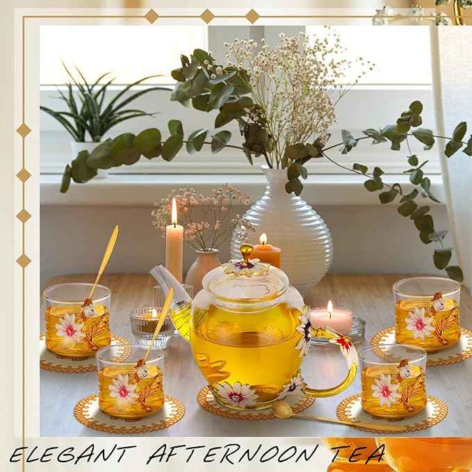 7 Pcs Floral Tea Set for Women, Vintage Flower Teapot Set With Gift Box, Glass Tea Kettle, Fancy Cup, Mug With Coasters for Kitchen Family Gathering Home