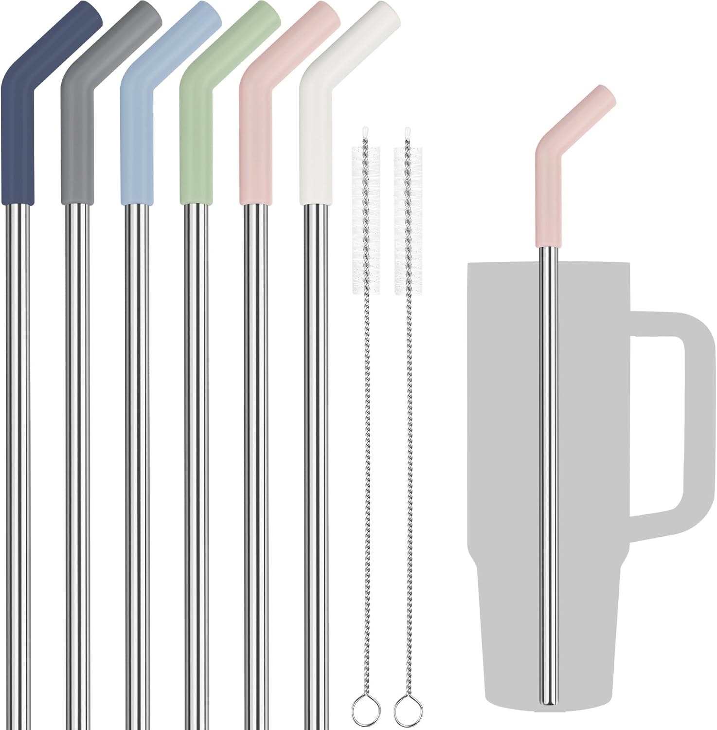 Tomorotec 6-Pack Morandi Colors Silicone Tip Stainless Steel Straws for 30oz Stanley Tumblers with 2 Cleaning Brushes, BPA-Free 10