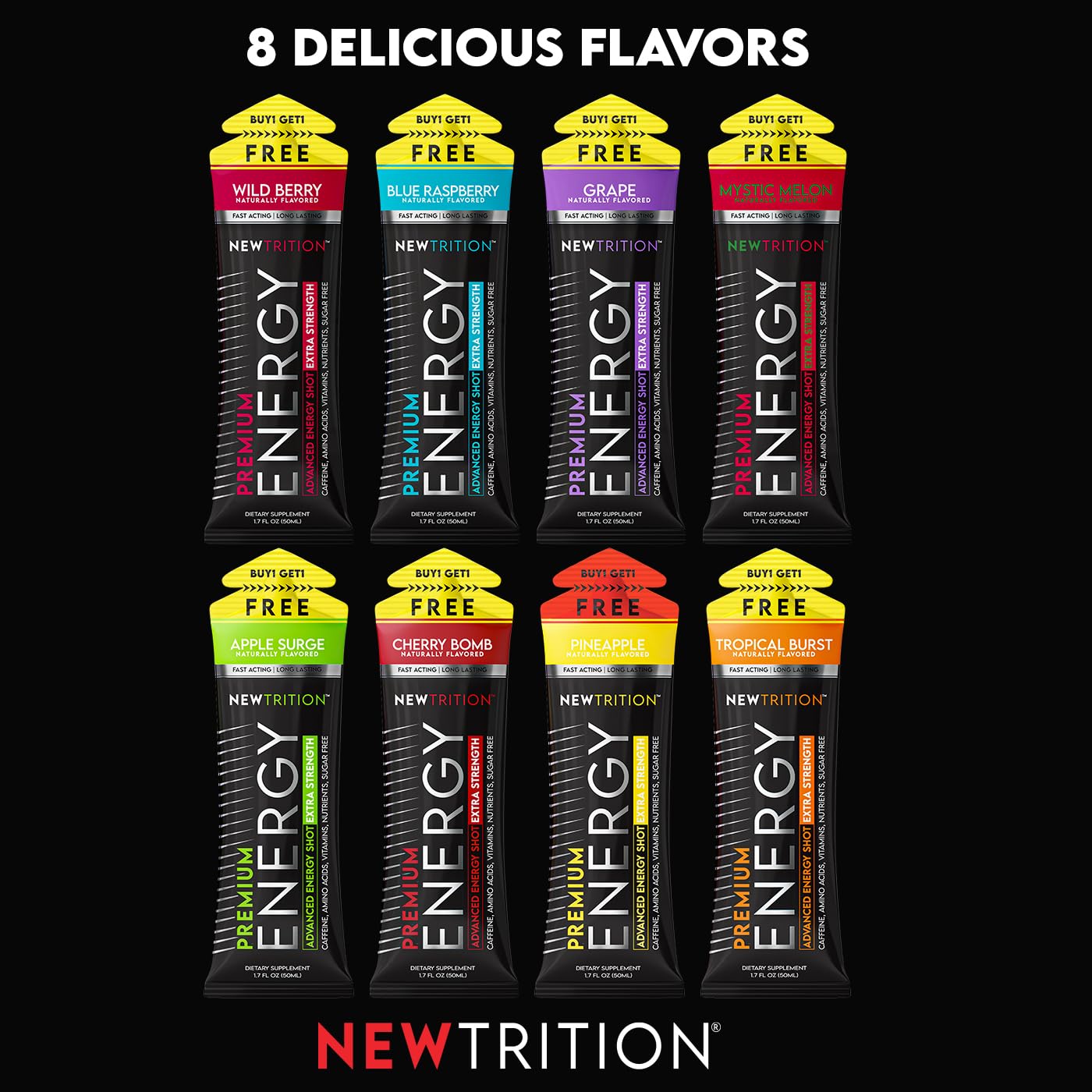 NewTrition® Extra Strength Energy Shots, 250mg Caffeine Energy Shots with Vitamin B & Amino Acids, Sugar-Free Vitamin Energy Shot, 1.7 fl oz (Pack of 12, Blue Raspberry)