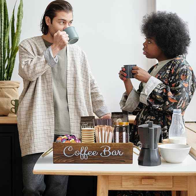 Coffee Station Organizer with Small Removable Dividers, Wooden Coffee Bar Accessories Storage For Countertop, Farmhouse Kcup Coffee Pod Holder Basket With Handle For Coffee Lover