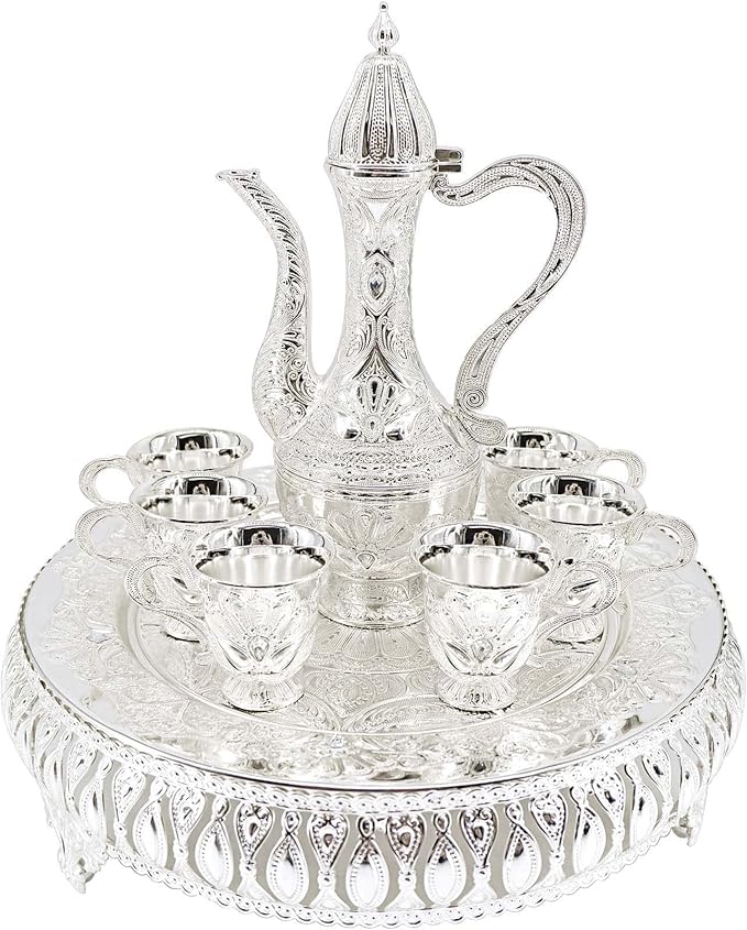 Turkish Coffee Cup and Tea Pot Set Including Teapot,Tea Tray,6 Metal Cups,Tea Service Set for Tea Table Decor,Hip Flask(Silver)