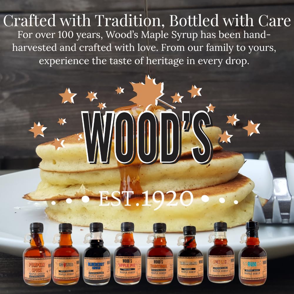 WOOD'S Pumpkin Spice Maple Syrup – Small-Batch Vermont Maple Syrup Infused with Cozy Fall Spices | Natural, Vegan Sweetener for Coffee, Pancakes, Baking & More | 8.45 Fl Oz (250mL)