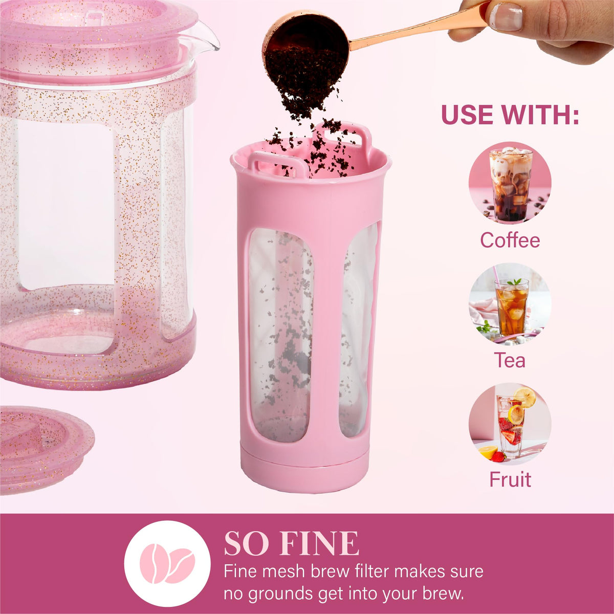 Compact cold brew pitcher sized for refrigerator door