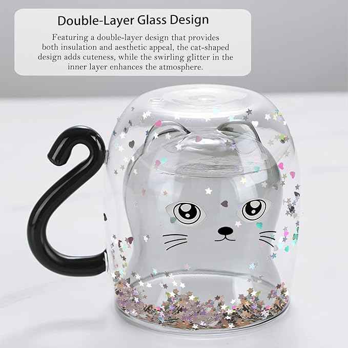 Gifts for Women Cat Gifts Double Walled Glass Coffee Latte Cup Cute Stuff Black Cat Mug Gifts for Her Christmas Stocking Fillers,Birthday,Valentines,Halloween Presents for Women,Men,Kid,Mum,Teacher