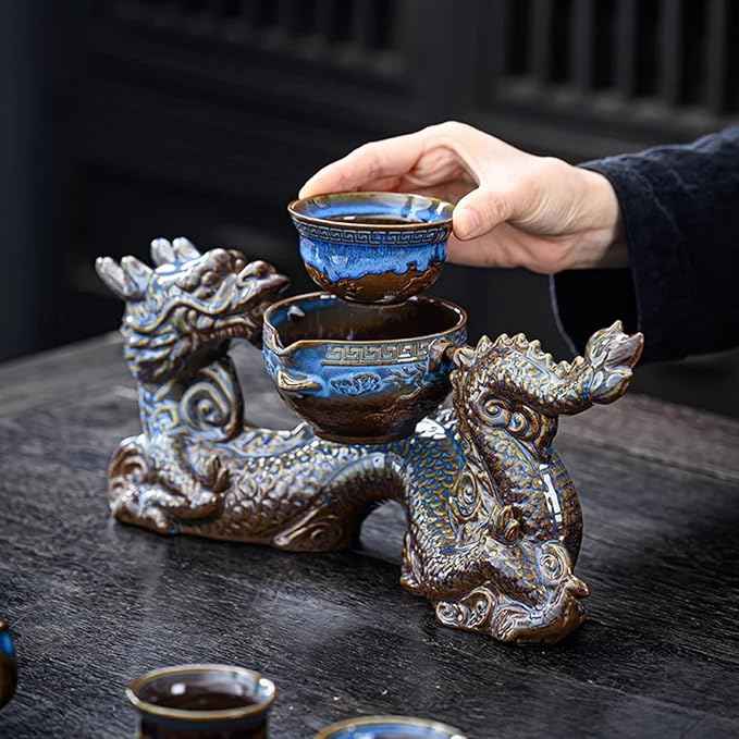 Chinese Gongfu Tea Set - Ceramic 360 Rotating teapot with Infuser, 8Cups, Semi Automatic Dragon Design for Loose Leaf Tea (Gift Box Set)