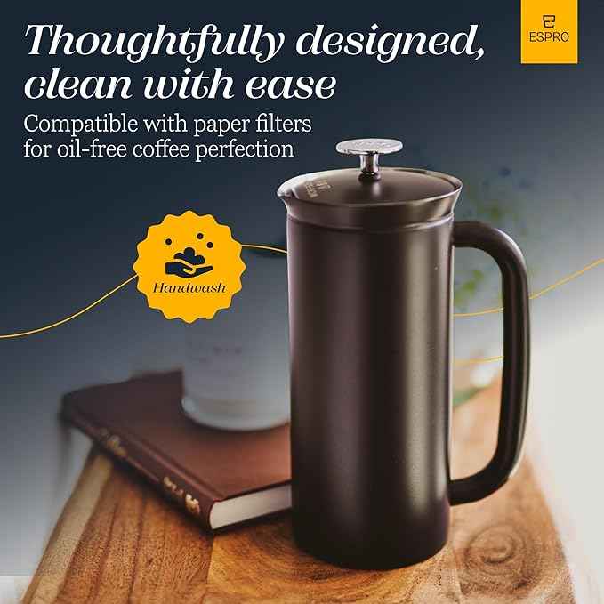 ESPRO P7 French Press Stainless Steel 304 – Patented Double Walled Micro-Filter Insulated French Press Coffee Maker, Grit-Free Brew - Heat Resistant BPA Free - Matte Black (18oz)
