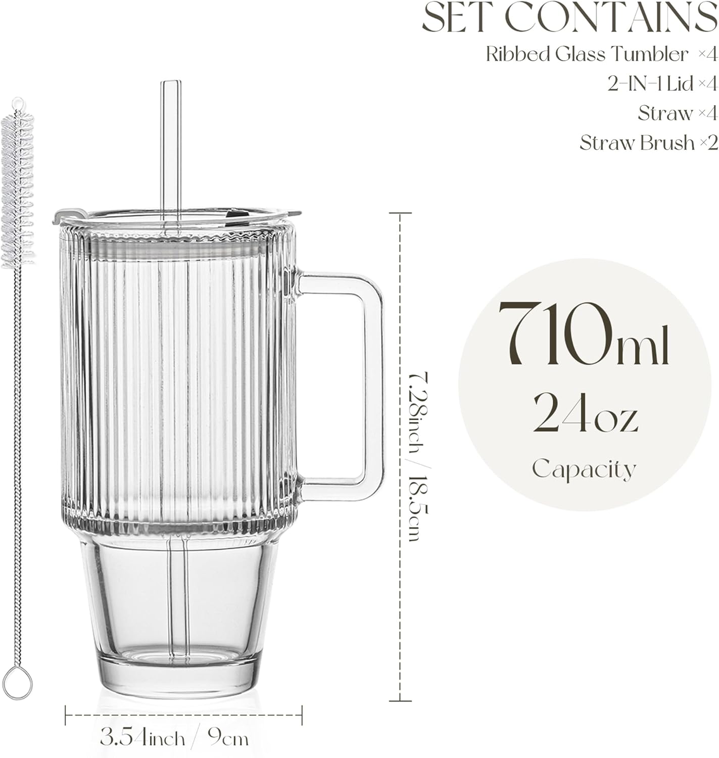 KEMORELA 4PCS 24oz Ribbed Glass Tumblers with Lids & Straws – Textured Handle Drinking Glasses for Iced Coffee, Smoothies, Cold Beverages – Reusable Clear Drinkware Set, Dishwasher Safe