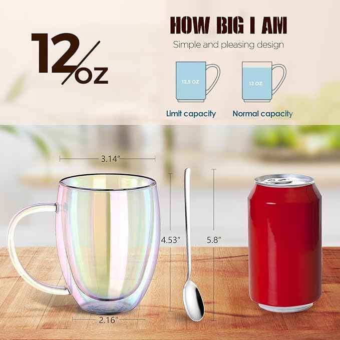 Double Wall Glass Coffee Mugs Set of 2, 12 Oz Coffee Mugs with Handle Clear Iridescent Glass Cups, Perfect for Espresso, Cappuccino, Latte, Americano, Tea Bag, Beverage